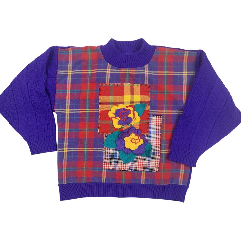 KnitWaves 10/12 Vintage Plaid Floral Applique Sweater Purple Cottagecore Top